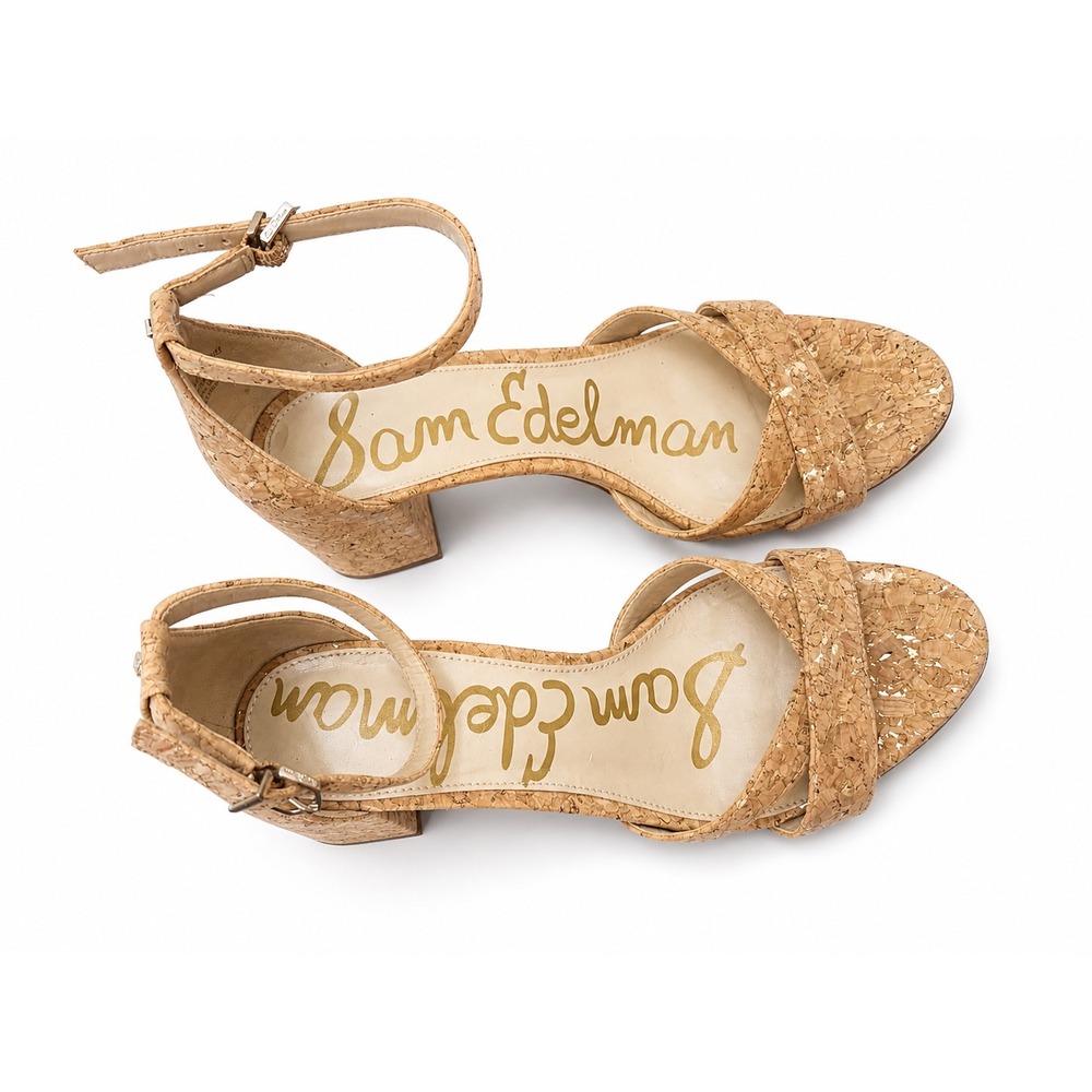 Sam Edelman Cork Block Heel Sandals Womens 9 Tan Ankle Strap Open Toe - Picture 2 of 4